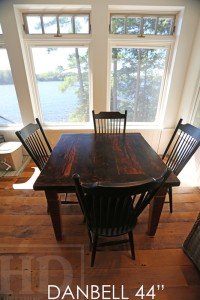 44" x 44" Harvest Table - Tapered with a Notch Legs - Reclaimed Threshing Floor Hemlock - Premium epoxy/matte polyurethane finish - 4 Black with sandthroughs wormy maple chairs