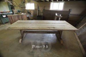 9 ft Trestle Table - 42" wide - Reclaimed Threshing Floor Hemlock - Premium epoxy/matte polyurethane finish