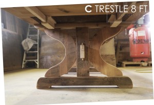 Specifications: 8 ft 'C' Trestle - 48" wide - Premium epoxy/matte polyurethane finish - Reclaimed Hemlock Thresing Floor 2" thick top - Two 24" leaf extensions