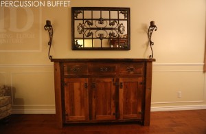 Details of buffet: 5 ft Long - 18" deep - 42" bar height - Reclaimed Hemlock Threshing Floor - Premium epoxy/matte polyurethane finish