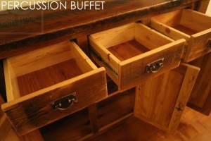 Details of buffet: 5 ft Long - 18" deep - 42" bar height - Reclaimed Hemlock Threshing Floor - Premium epoxy/matte polyurethane finish