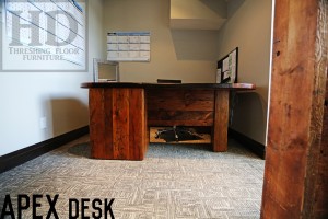 Details: 77" Long Desk - 66" return - 90 degree corner with integrated 30" round top - 3 drawers - Reclaimed Threshing Floor Pine - Premium epoxy/matte polyurethane finish