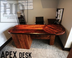 Details: 77" Long Desk - 66" return - 90 degree corner with integrated 30" round top - 3 drawers - Reclaimed Threshing Floor Pine - Premium epoxy/matte polyurethane finish