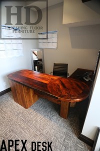 Details: 77" Long Desk - 66" return - 90 degree corner with integrated 30" round top - 3 drawers - Reclaimed Threshing Floor Pine - Premium epoxy/matte polyurethane finish