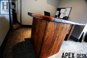 Details: 77" Long Desk - 66" return - 90 degree corner with integrated 30" round top - 3 drawers - Reclaimed Threshing Floor Pine - Premium epoxy/matte polyurethane finish