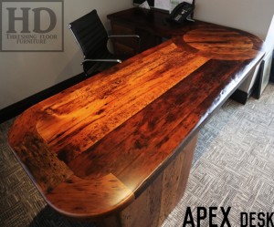 Details: 77" Long Desk - 66" return - 90 degree corner with integrated 30" round top - 3 drawers - Reclaimed Threshing Floor Pine - Premium epoxy/matte polyurethane finish