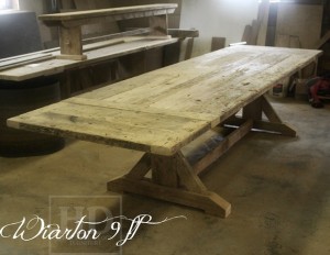 Details of job: 9 ft Sawbuck Table - 42" wide - Premium epoxy/matte polyurethane finish - Reclaimed Threshing Floor Hemlock - Two 18 inch end leaves - Two 42 inch benches