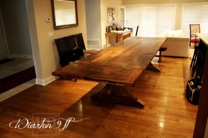 Details of job: 9 ft Sawbuck Table - 42" wide - Premium epoxy/matte polyurethane finish - Reclaimed Threshing Floor Hemlock - Two 18 inch end leaves - Two 42 inch benches