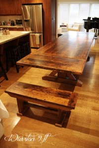 Details of job: 9 ft Sawbuck Table - 42" wide - Premium epoxy/matte polyurethane finish - Reclaimed Threshing Floor Hemlock - Two 18 inch end leaves - Two 42 inch benches