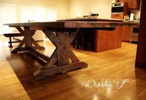 Details of job: 9 ft Sawbuck Table - 42" wide - Premium epoxy/matte polyurethane finish - Reclaimed Threshing Floor Hemlock - Two 18 inch end leaves - Two 42 inch benches