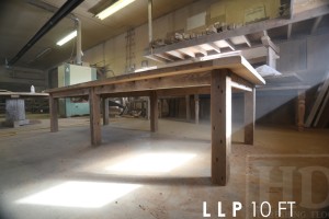 10 ft Boardroom Harvest Table - 4.5' wide - 30" height - Reclaimed Barnwood Pine Threshing Floor - Straight 4"x4" Reclaimed Barn Windbrace Beam Legs - Accommodation for electronics