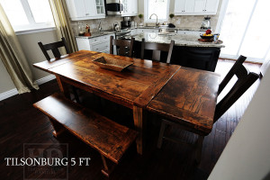 5 foot Burlington Harvest Table - 38" wide - Reclaimed Threshing Hemlock - Tapered Legs - Epoxy/matte polyurethane finish - two leaf extensions - 4 Rustic Plank style chairs (wormy maple) - Matching 4.5 ft Bench Gerald Reinink