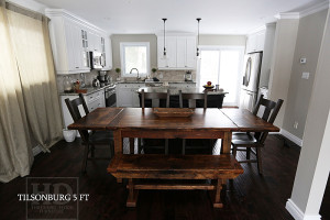 5 foot Burlington Harvest Table - 38" wide - Reclaimed Threshing Hemlock - Tapered Legs - Epoxy/matte polyurethane finish - two leaf extensions - 4 Rustic Plank style chairs (wormy maple) - Matching 4.5 ft Bench Gerald Reinink