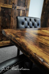 Details: 12 ft Boardroom Table - Two 6 ft independant parts - Reclaimed Threshing Floor Hemlock - Premium epoxy/matte polyurethane finish - Trestle style Base