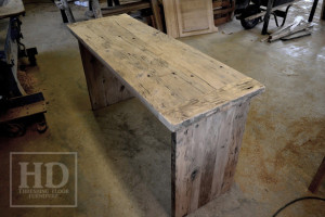 57â€ Toronto Plank Post Desk [ref: â€œCharterâ€] â€“ 19 3/4â€ deep â€“ Premium epoxy /matte polyurethane finish â€“ 2â€ Threshing Floor Gable Ends - Reclaimed Wood Threshing Floor Hemlock - Gerald Reinink