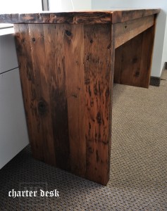 57â€ Toronto Plank Post Desk [ref: â€œCharterâ€] â€“ 19 3/4â€ deep â€“ Premium epoxy /matte polyurethane finish â€“ 2â€ Threshing Floor Gable Ends - Reclaimed Wood Threshing Floor Hemlock - Gerald Reinink