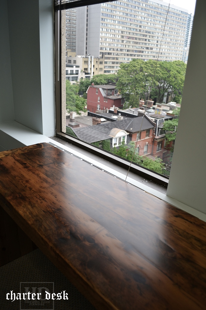 57â€ Toronto Plank Post Desk [ref: â€œCharterâ€] â€“ 19 3/4â€ deep â€“ Premium epoxy /matte polyurethane finish â€“ 2â€ Threshing Floor Gable Ends - Reclaimed Wood Threshing Floor Hemlock - Gerald Reinink