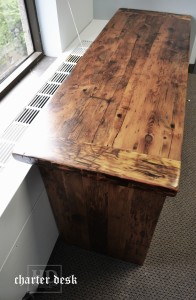 57â€ Toronto Plank Post Desk [ref: â€œCharterâ€] â€“ 19 3/4â€ deep â€“ Premium epoxy /matte polyurethane finish â€“ 2â€ Threshing Floor Gable Ends - Reclaimed Wood Threshing Floor Hemlock - Gerald Reinink