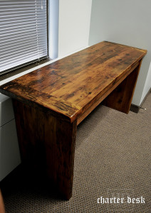 57â€ Toronto Plank Post Desk [ref: â€œCharterâ€] â€“ 19 3/4â€ deep â€“ Premium epoxy /matte polyurethane finish â€“ 2â€ Threshing Floor Gable Ends - Reclaimed Wood Threshing Floor Hemlock - Gerald Reinink