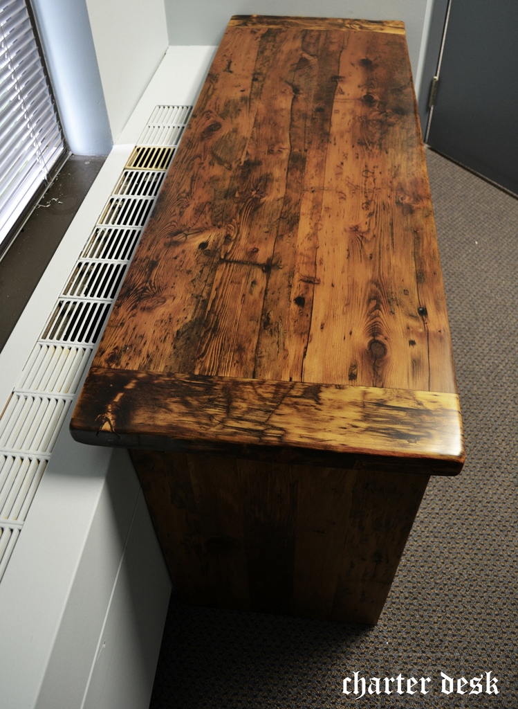 57â€ Toronto Plank Post Desk [ref: â€œCharterâ€] â€“ 19 3/4â€ deep â€“ Premium epoxy /matte polyurethane finish â€“ 2â€ Threshing Floor Gable Ends - Reclaimed Wood Threshing Floor Hemlock - Gerald Reinink