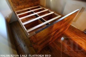 reclaimed wood beds Ontario, barnwood bed, platform bed, Haliburton Lake, Ontario, Canada, threshing floor