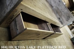 reclaimed wood beds Ontario, barnwood bed, platform bed, Haliburton Lake, Ontario, Canada, threshing floor