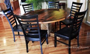 cottage tables Ontario, cottage life, reclaimed wood round table, solid wood round tables Ontario, Mennonite furniture, Muskoka, epoxy