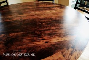 cottage tables Ontario, cottage life, reclaimed wood round table, solid wood round tables Ontario, Mennonite furniture, Muskoka, epoxy