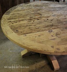 cottage tables Ontario, cottage life, reclaimed wood round table, solid wood round tables Ontario, Mennonite furniture, Muskoka, epoxy