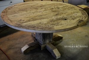 cottage tables Ontario, cottage life, reclaimed wood round table, solid wood round tables Ontario, Mennonite furniture, Muskoka, epoxy