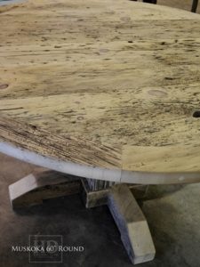 cottage tables Ontario, cottage life, reclaimed wood round table, solid wood round tables Ontario, Mennonite furniture, Muskoka, epoxy