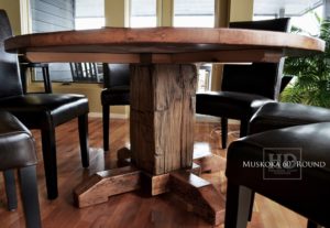 cottage tables Ontario, cottage life, reclaimed wood round table, solid wood round tables Ontario, Mennonite furniture, Muskoka, epoxy