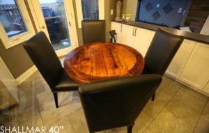 round table, reclaimed wood furniture Guelph, Ontario, round table, recycled wood round table, leather parsons chairs, pedestal base, hand-hew beam